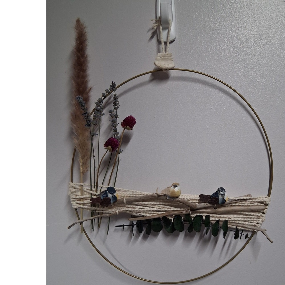 Handmade Boho Gold Hoop Wreath Dried Lavender Pampas Grass Driftwood Birds Decor